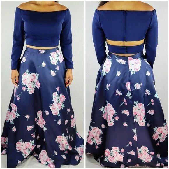 2 Cute Brand Navy Floral Two Piece Formal Gown $469
